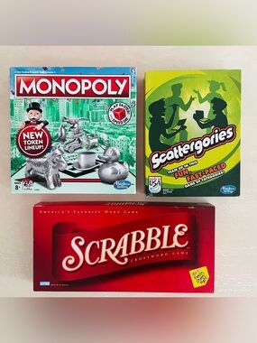 Lot of 3 Family Kids Teen Board Games Monopoly Scattergories Scrabble